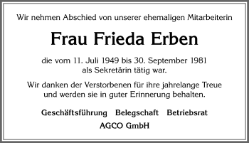 Traueranzeige von Frieda Erben von Allgäuer Zeitung, Marktoberdorf