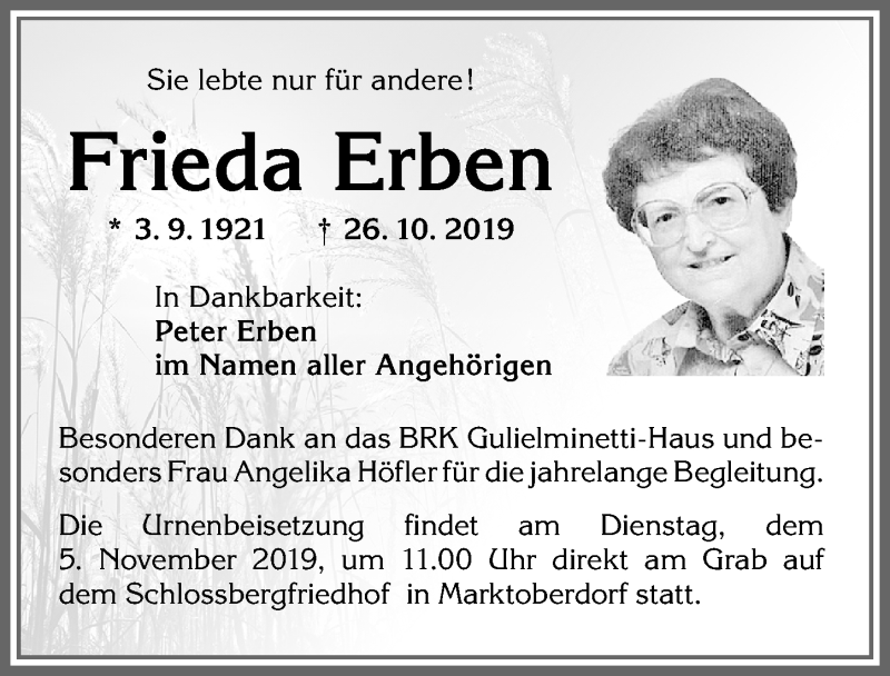  Traueranzeige für Frieda Erben vom 02.11.2019 aus Allgäuer Zeitung, Marktoberdorf