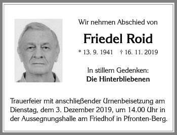 Traueranzeige von Friedel Roid von Allgäuer Zeitung, Füssen