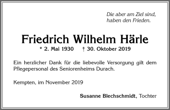 Traueranzeige von Friedrich Wilhelm Härle von Allgäuer Zeitung,Kempten