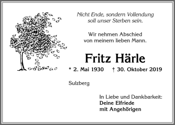 Traueranzeige von Fritz Härle von Allgäuer Zeitung,Kempten