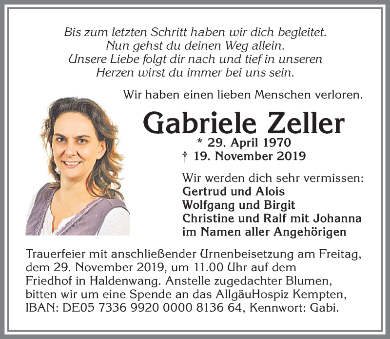  Traueranzeige für Gabriele Zeller vom 26.11.2019 aus Allgäuer Zeitung,Kempten