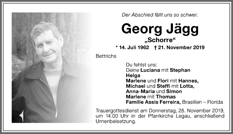  Traueranzeige für Georg Jägg vom 25.11.2019 aus Allgäuer Zeitung