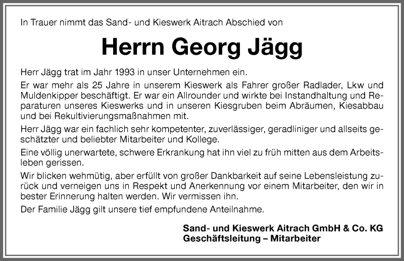  Traueranzeige für Georg Jägg vom 26.11.2019 aus Memminger Zeitung