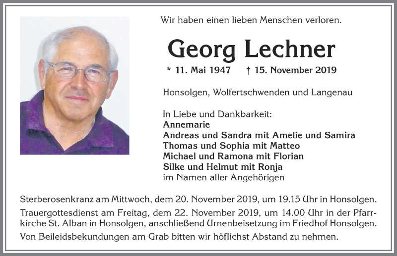  Traueranzeige für Georg Lechner vom 19.11.2019 aus Allgäuer Zeitung, Kaufbeuren/Buchloe