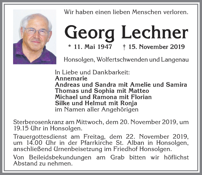  Traueranzeige für Georg Lechner vom 19.11.2019 aus Memminger Zeitung