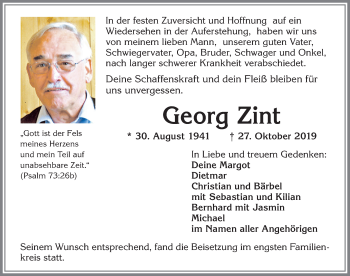 Traueranzeige von Georg Zint von Allgäuer Anzeigeblatt
