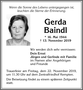 Traueranzeige von Gerda Baindl von Allgäuer Zeitung,Kempten