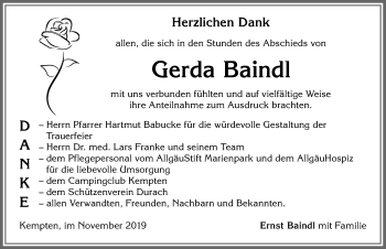 Traueranzeige von Gerda Baindl von Allgäuer Zeitung,Kempten