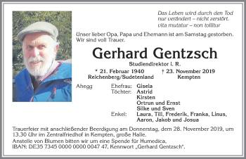 Traueranzeige von Gerhard Gentzsch von Allgäuer Zeitung,Kempten