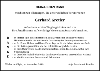 Traueranzeige von Gerhard Gretler von Der Westallgäuer