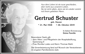 Traueranzeige von Gertrud Schuster von Allgäuer Zeitung, Kaufbeuren/Buchloe
