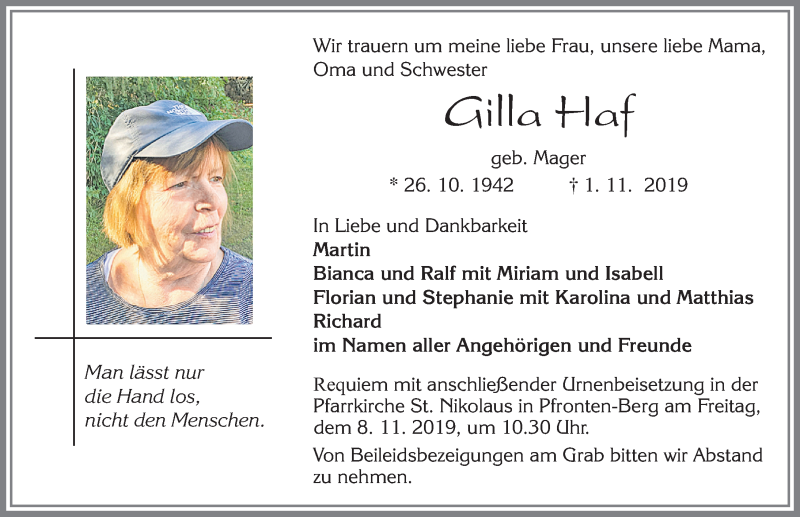  Traueranzeige für Gilla Haf vom 05.11.2019 aus Allgäuer Zeitung, Füssen