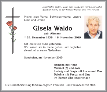 Traueranzeige von Gisela Waldo von Allgäuer Anzeigeblatt