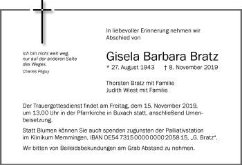 Traueranzeige von Gisela Barbara Bratz von Memminger Zeitung