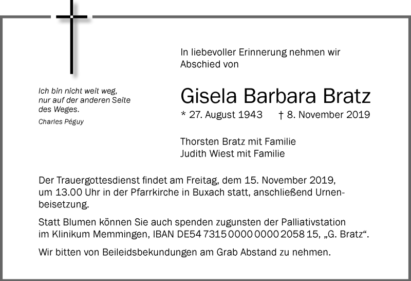  Traueranzeige für Gisela Barbara Bratz vom 12.11.2019 aus Memminger Zeitung