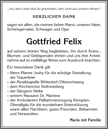 Traueranzeige von Gottfried Felix von Allgäuer Anzeigeblatt