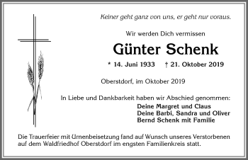 Traueranzeige von Günter Schenk von Allgäuer Anzeigeblatt