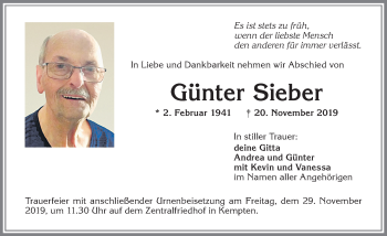 Traueranzeige von Günter Sieber von Allgäuer Zeitung,Kempten