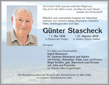 Traueranzeige von Günter Stascheck von Allgäuer Zeitung,Kempten
