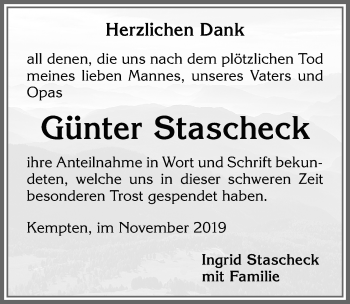 Traueranzeige von Günter Stascheck von Allgäuer Zeitung,Kempten