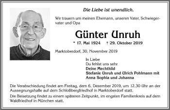 Traueranzeige von Günter Unruh von Allgäuer Zeitung, Marktoberdorf