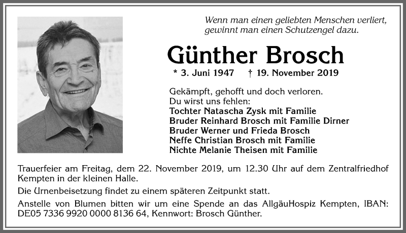  Traueranzeige für Günther Brosch vom 21.11.2019 aus Allgäuer Zeitung,Kempten