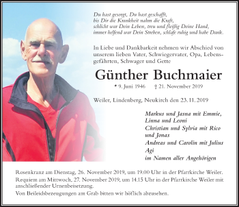 Traueranzeige von Günther Buchmaier von Der Westallgäuer
