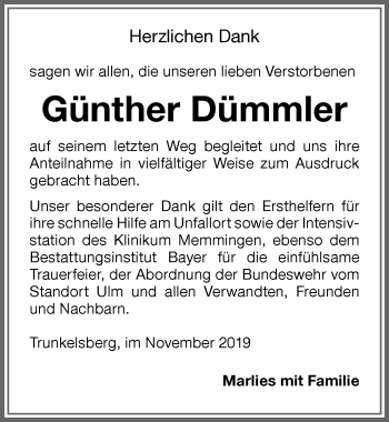 Traueranzeige von Günther Dümmler von Memminger Zeitung