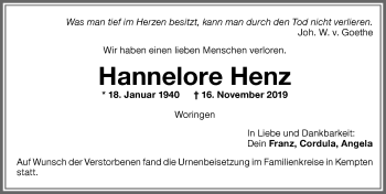 Traueranzeige von Hannelore Henz von Memminger Zeitung