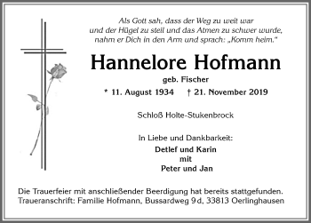 Traueranzeige von Hannelore Hofmann von Allgäuer Zeitung,Kempten