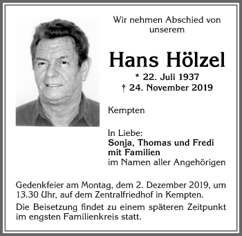 Traueranzeige von Hans Hölzel von Allgäuer Zeitung,Kempten