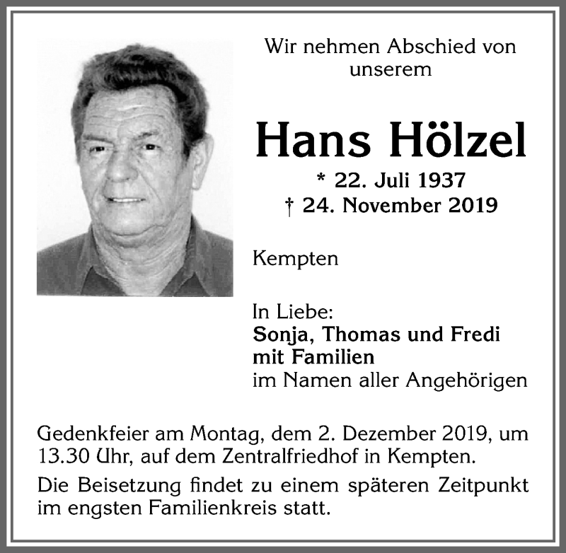  Traueranzeige für Hans Hölzel vom 28.11.2019 aus Allgäuer Zeitung,Kempten