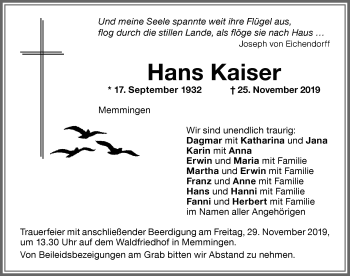 Traueranzeige von Hans Kaiser von Allgäuer Zeitung