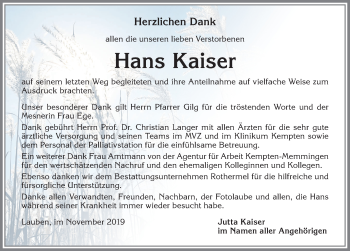 Traueranzeige von Hans Kaiser von Allgäuer Zeitung,Kempten