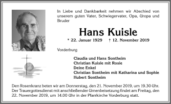 Traueranzeige von Hans Kuisle von Allgäuer Anzeigeblatt