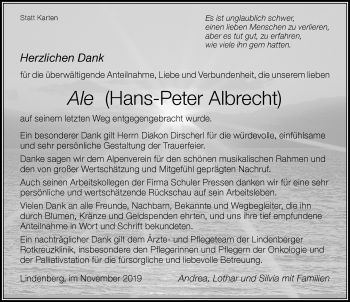 Traueranzeige von Hans-Peter Albrecht von Der Westallgäuer