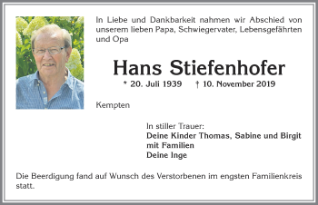 Traueranzeige von Hans Stiefenhofer von Allgäuer Zeitung,Kempten