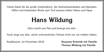 Traueranzeige von Hans Wildung von Allgäuer Zeitung, Kaufbeuren/Buchloe
