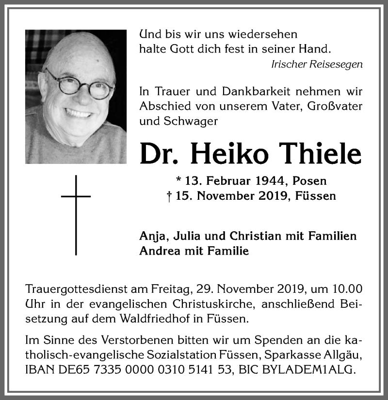  Traueranzeige für Heiko Thiele vom 19.11.2019 aus Allgäuer Zeitung, Füssen