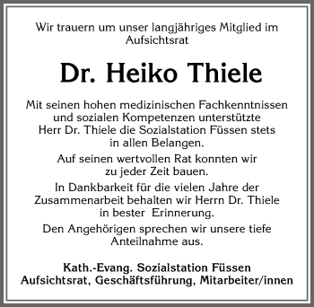 Traueranzeige von Heiko Thiele von Allgäuer Zeitung, Füssen