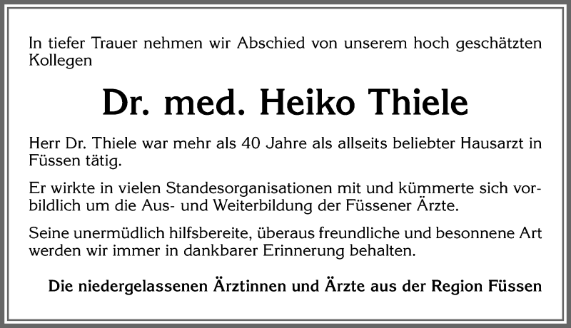  Traueranzeige für Heiko Thiele vom 26.11.2019 aus Allgäuer Zeitung, Füssen