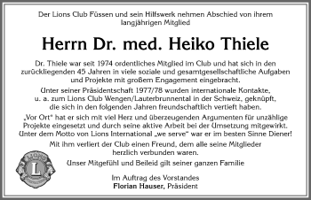 Traueranzeige von Heiko Thiele von Allgäuer Zeitung, Füssen