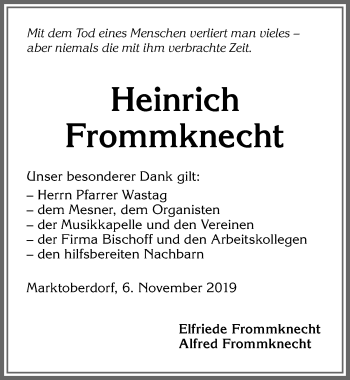 Traueranzeige von Heinrich Frommknecht von Allgäuer Zeitung, Marktoberdorf