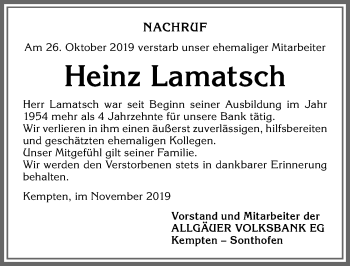 Traueranzeige von Heinz Lamatsch von Allgäuer Zeitung,Kempten