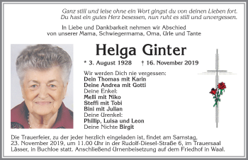 Traueranzeige von Helga Ginter von Allgäuer Zeitung, Kaufbeuren/Buchloe