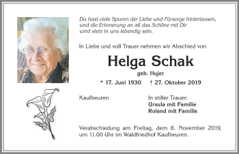 Traueranzeige von Helga Schak von Allgäuer Zeitung, Kaufbeuren/Buchloe