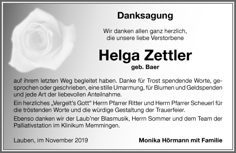 Traueranzeige für Helga Zettler vom 13.11.2019 aus Memminger Zeitung