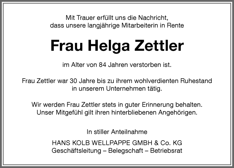  Traueranzeige für Helga Zettler vom 02.11.2019 aus Memminger Zeitung