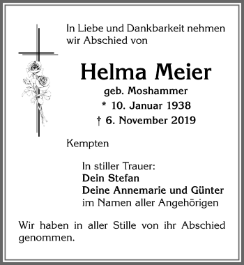 Traueranzeige von Helma Meier von Allgäuer Zeitung,Kempten